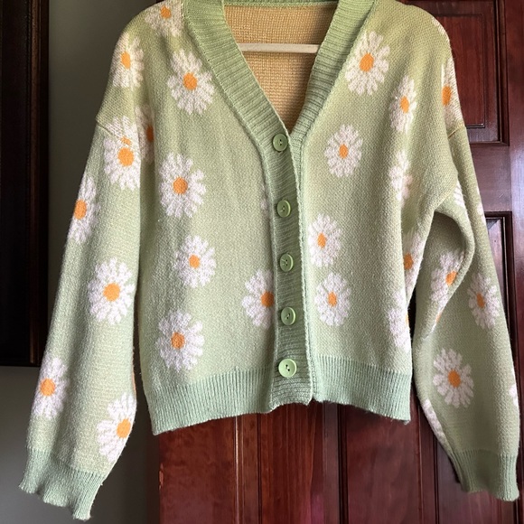 Floral Print Cardigan Long Sleeve Open Front Button Down V Neck Knitted Sweaters - Picture 4 of 6